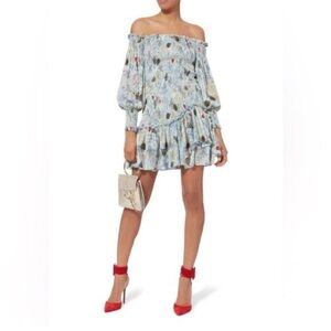 Alexis Gemini Mini Smocked Tiered Ruffle Dress Blue Botanical Floral Size Small